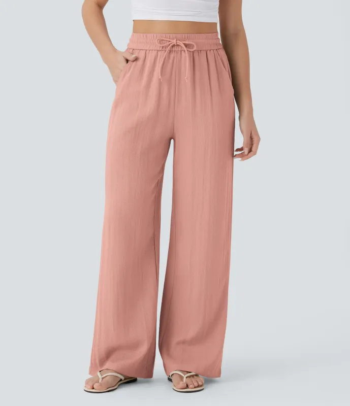 Halara Pantalón lino tiro alto cordón ajustable bolsillo lateral pierna ancha - Mineral Red - XL(regular) made by Halara