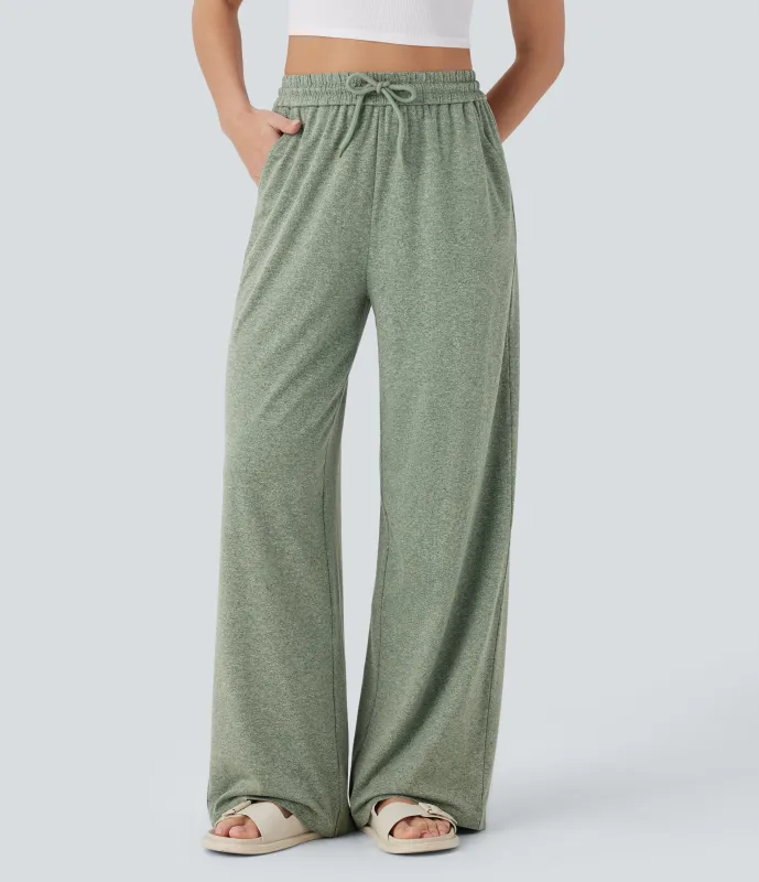 Halara Pantalón pierna ancha bolsillo lateral cordón tiro alto - Light Green Floral Yarn - L(regular) made by Halara