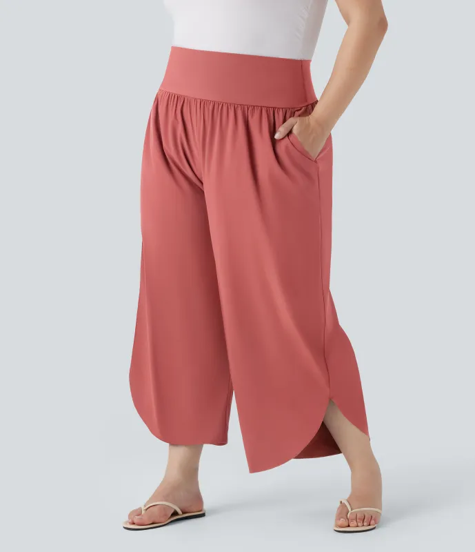 Halara Pantalón moldeador Breezeful™ de tiro alto con efecto moldeador de abdomen, dobladillo dividido, secado rápido y bolsillos laterales de talla grande - Kapok Red - 2X(regular) made by Halara