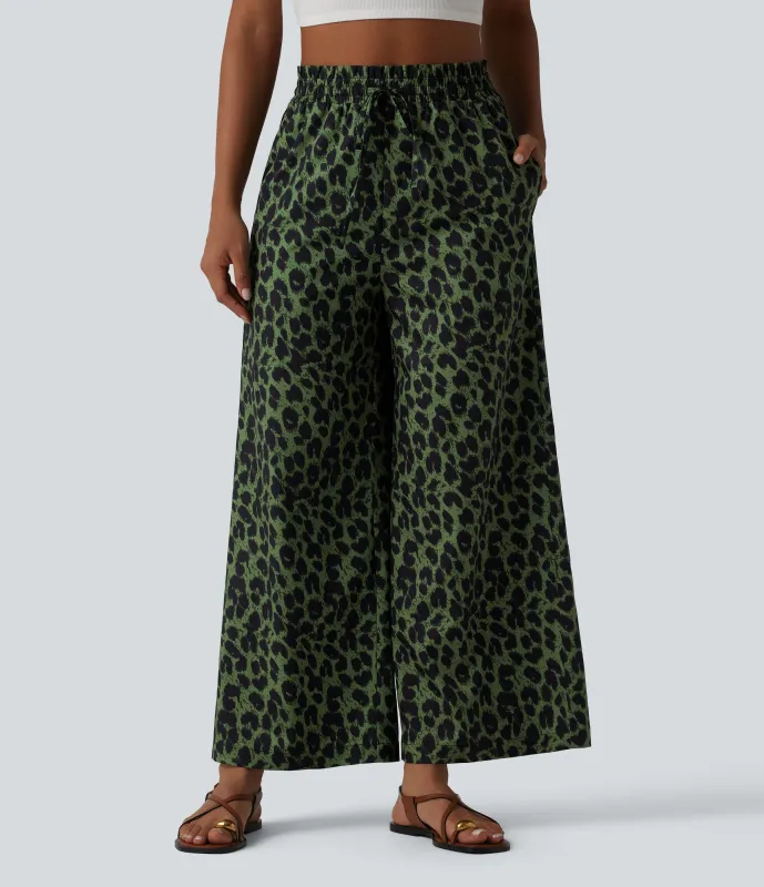 Halara Pantalón pierna ancha estampado leopardo bolsillo lateral cordón tiro alto - Moss Green Leopard - M(regular) made by Halara