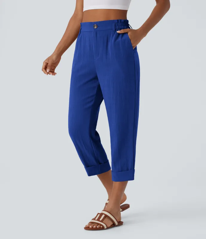 Halara Pantalón capri lino tiro alto bolsillo lateral cremallera botón - Surf the Web - XL(regular) made by Halara