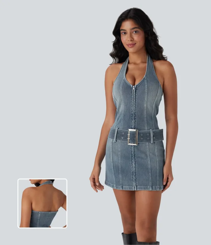 Halara Vestido Halara Flex™ Denim ajustado de mezclilla elástica desgastada con cinturón y espalda descubierta, cuello halter y cremallera - Misty Blue Denim - S made by Halara