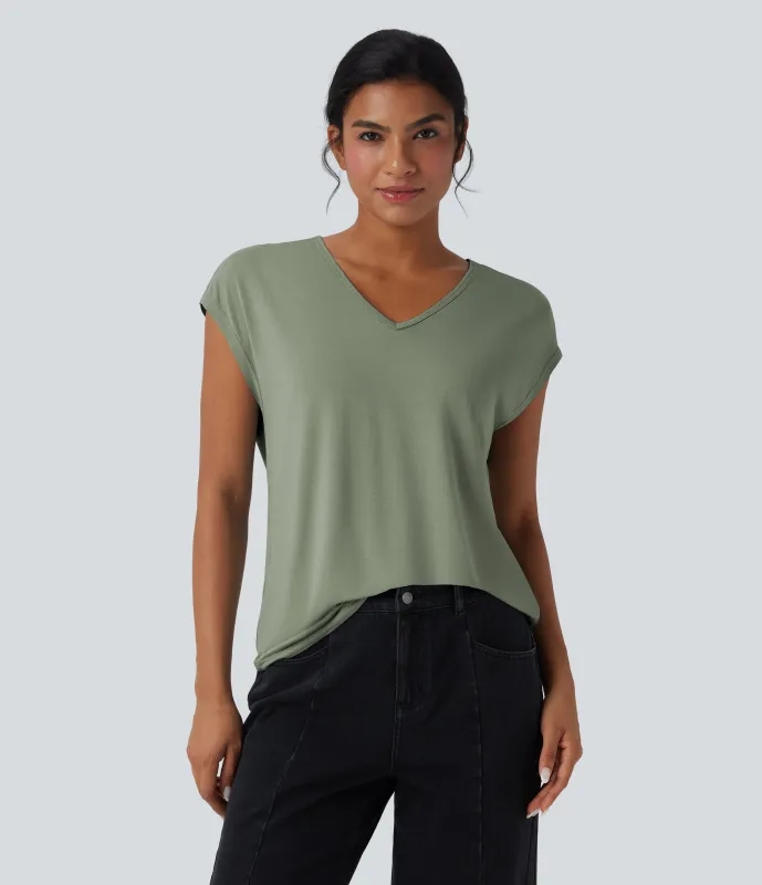 Halara Camiseta casual de manga corta con cuello en V - Hedge Green - L made by Halara
