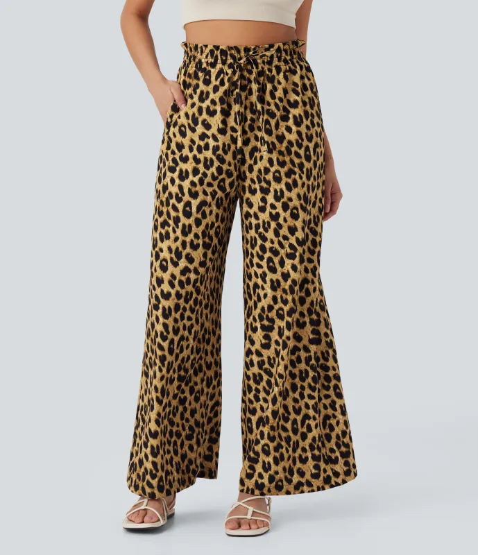Halara Pantalón pierna ancha estampado leopardo bolsillo lateral cordón tiro alto - Classic Leopard - XS(regular) made by Halara