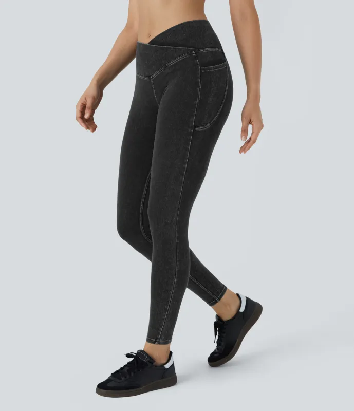 Halara Leggings Halara Flex™ Denim oficina mezclilla elástico lavado bolsillo lateral cruzado - Hemp Rope Black Denim - S(full_length) made by Halara