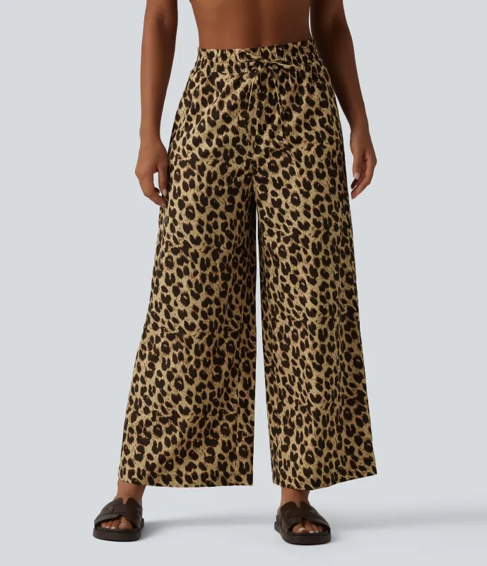 Halara Pantalón pierna ancha estampado leopardo bolsillo lateral cordón tiro alto - Sandstone Brown Leopard - XL(regular) made by Halara