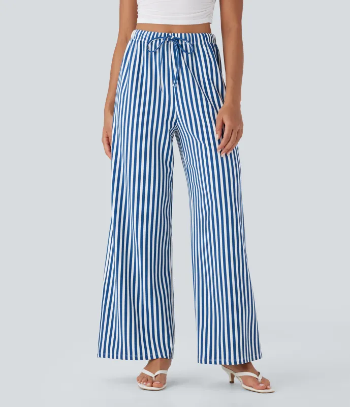 Halara Pantalón pierna ancha tiro alto cordón ajustable raya gofre bolsillo - Cerulean Stripes - S(regular) made by Halara