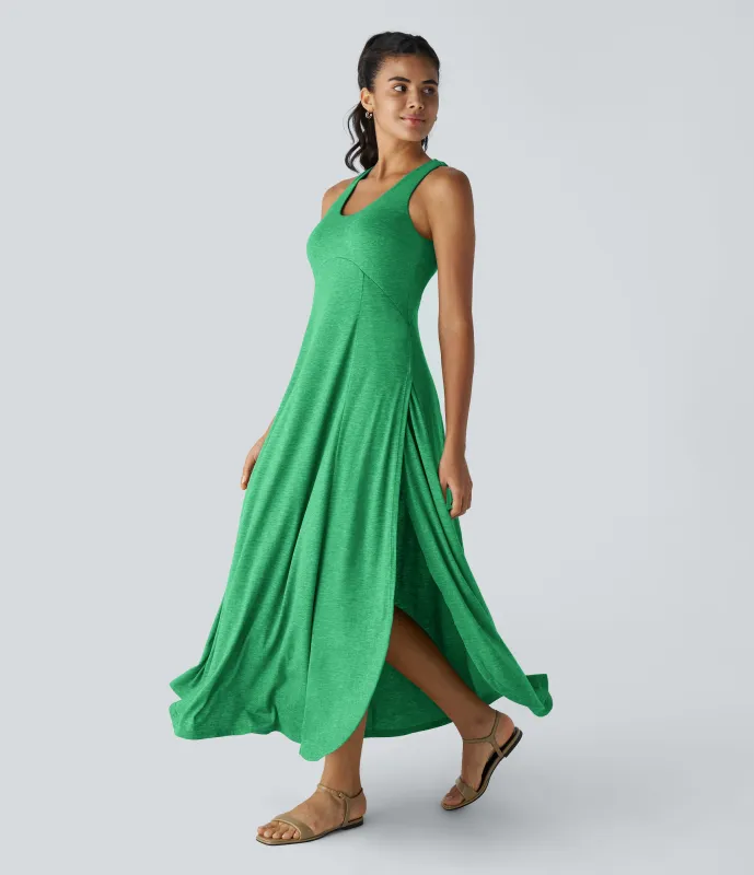 Halara Vestido sin mangas largo fluido dividido sin espalda cuello U - Dewleaf Green - M made by Halara