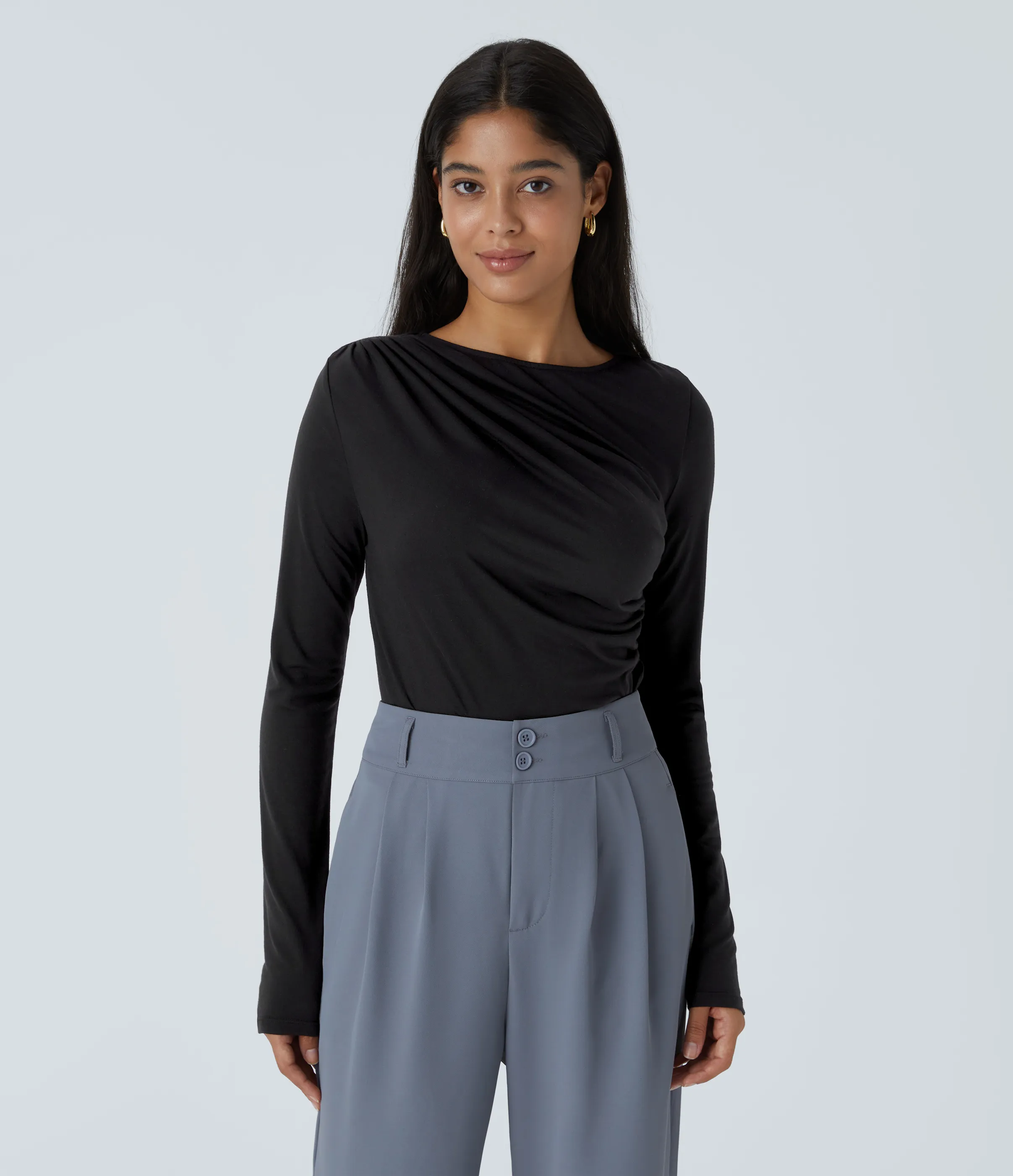 Halara Blusa oficina asimétrica manga larga fruncida - Black - XS sold by Halara
