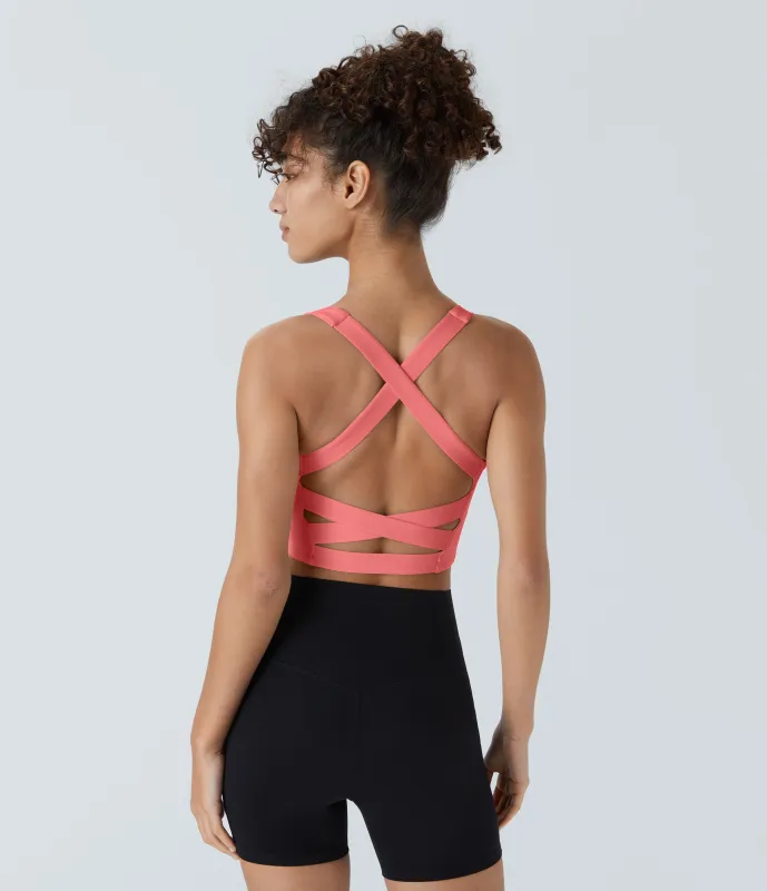 Halara Top corto de yoga SoftlyZero™ Airy con escote cuadrado, sin espalda, tirantes cruzados y tacto fresco-UPF50+ en copas D-F - Shell Pink - S made by Halara
