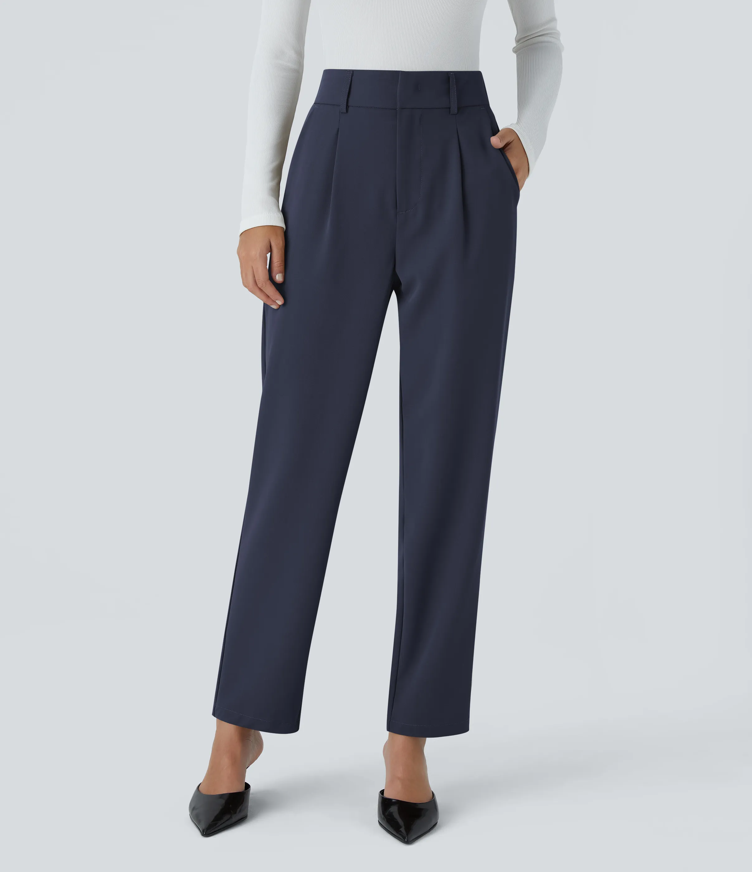 Halara Pantalón oficina ajustado tiro alto bolsillo lateral - Black Iris - M(tall) sold by Halara