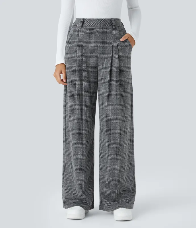 Halara Pantalón tiro alto bolsillo lateral pierna ancha estampado pata gallo - Dark Gray Plaid - XS(tall) made by Halara