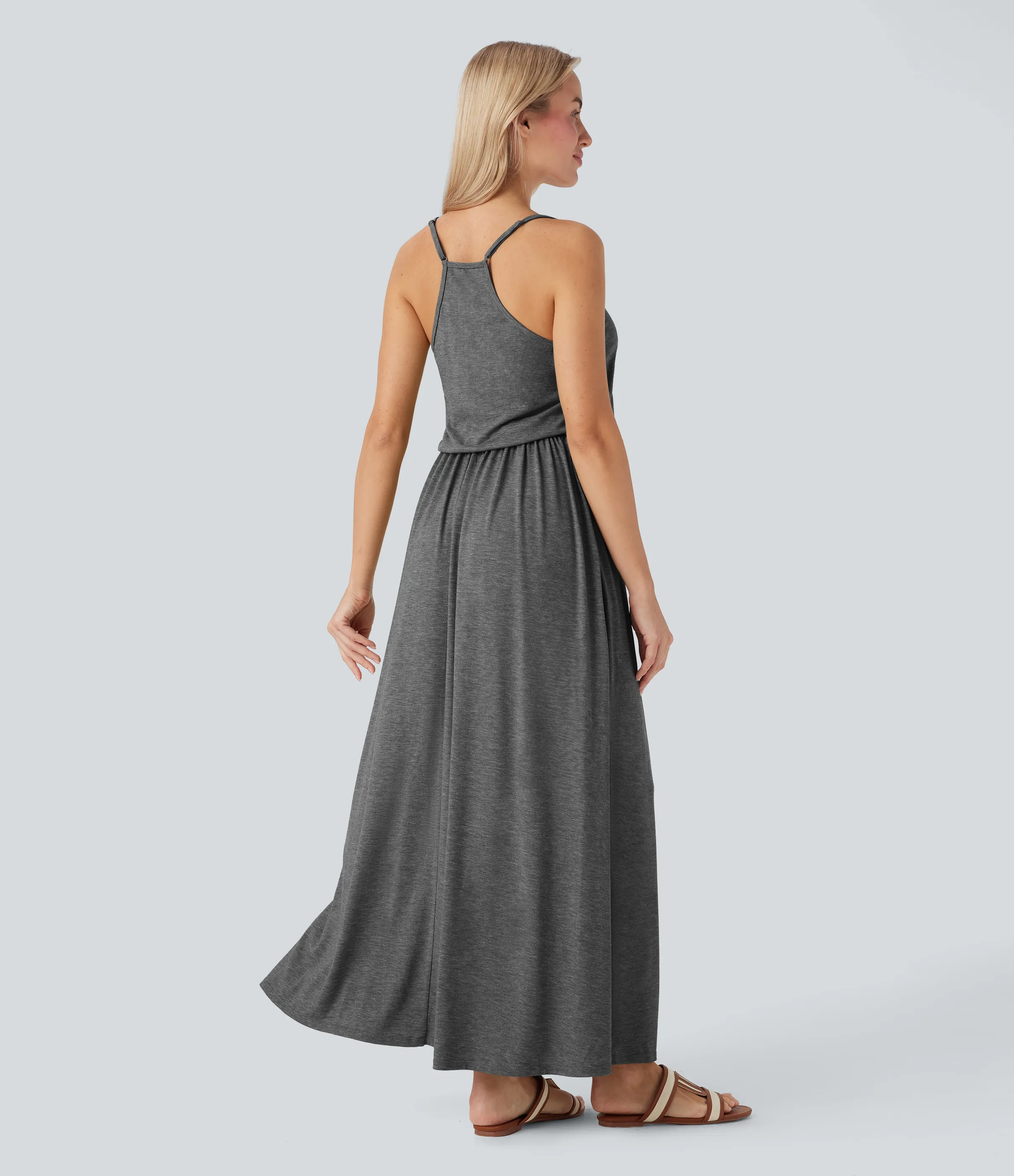 Halara Vestido largo fluido con tirantes ajustables y bolsillos para vacaciones - Darl Gray Floral Yarn - L sold by Halara product image thumbnail 3