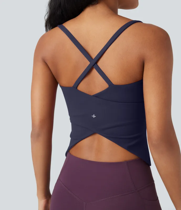 Halara Top de yoga con escote redondo, espalda cruzada y dobladillo cruzado - Evening Blue - XL made by Halara