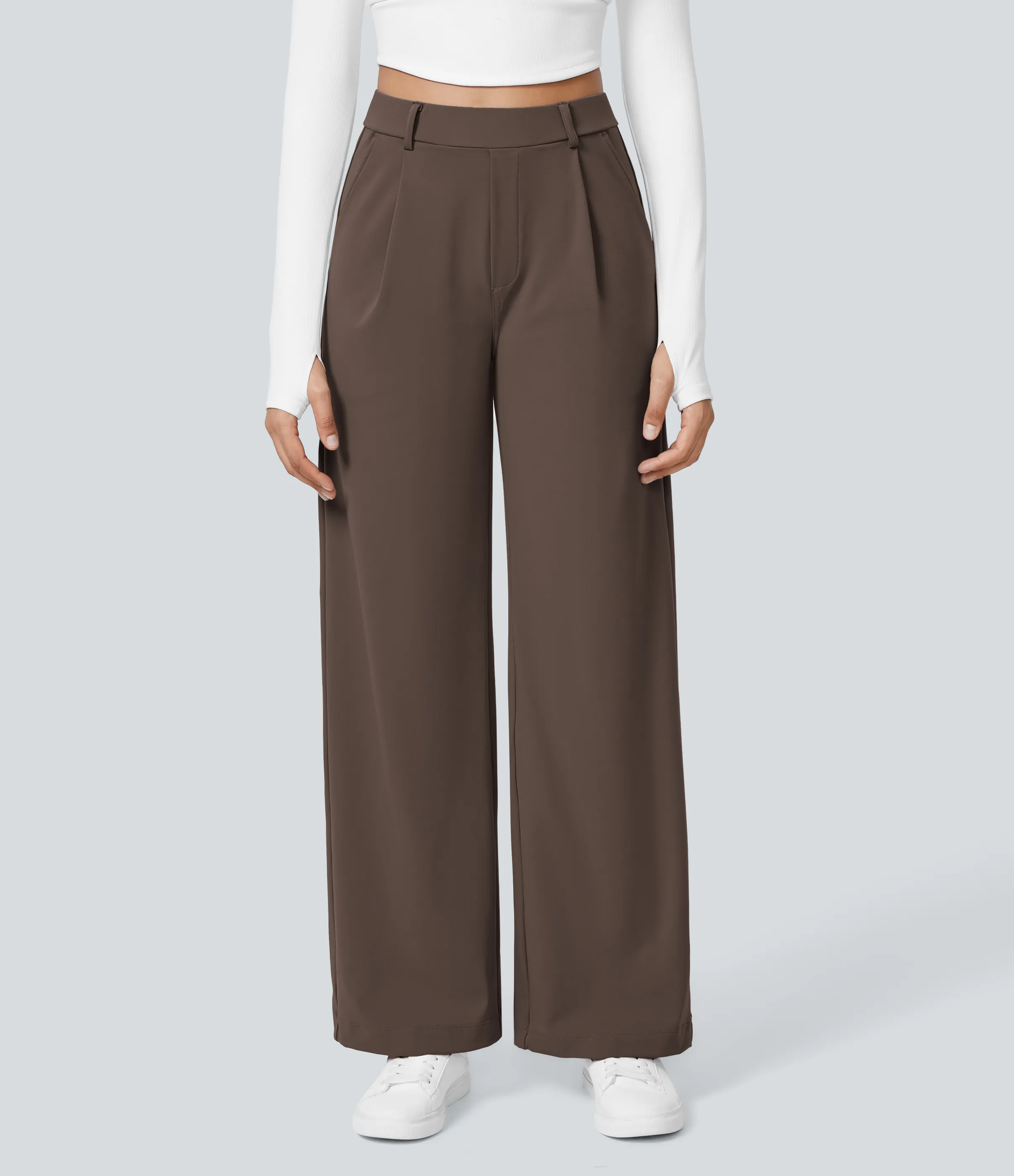Halara Pantalón oficina pierna recta bolsillo lateral tiro alto pliegue - Chocolate Martini - XS(regular) sold by Halara product image thumbnail 3