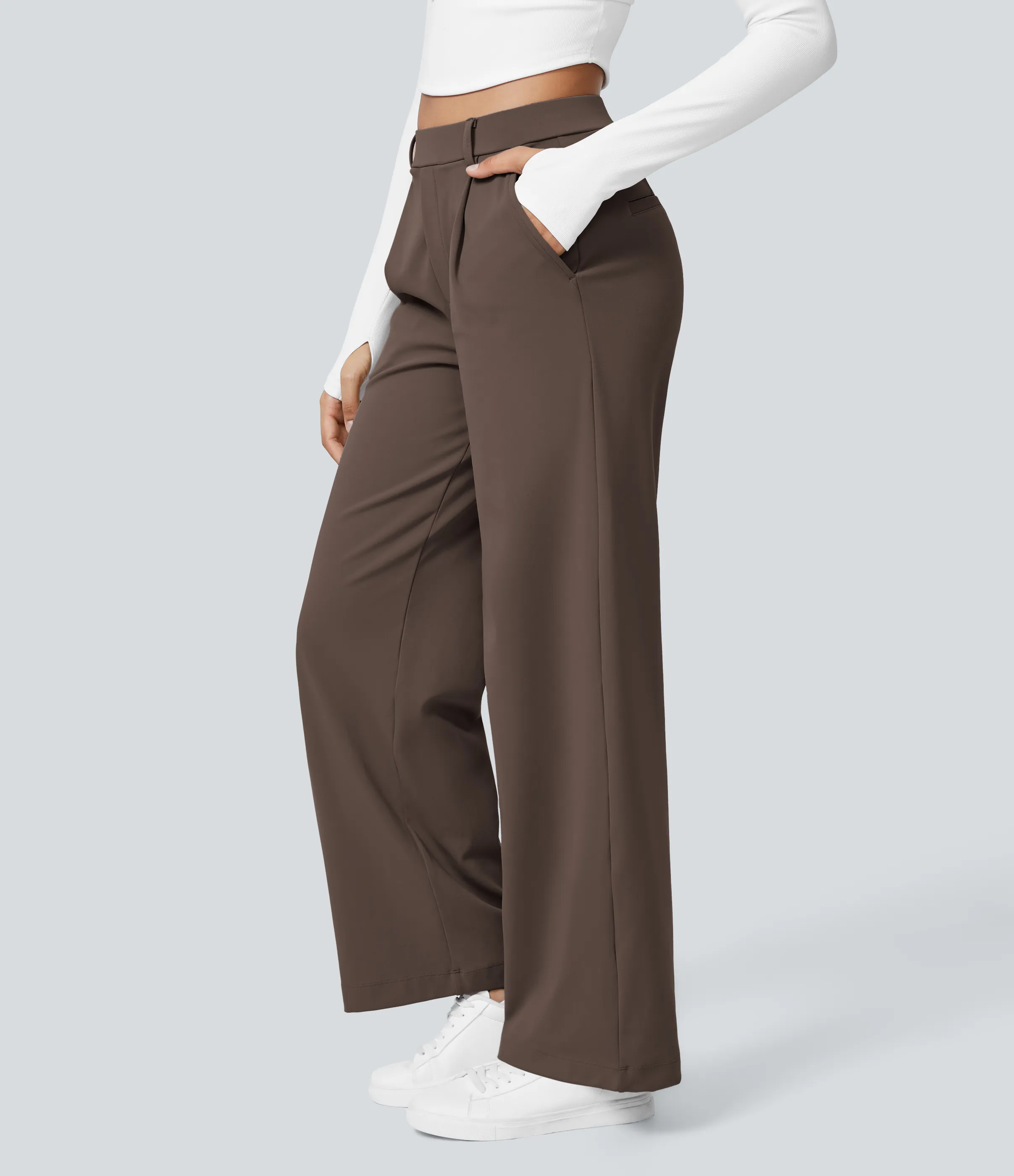 Halara Pantalón oficina pierna recta bolsillo lateral tiro alto pliegue - Chocolate Martini - XS(regular) sold by Halara product image thumbnail 4