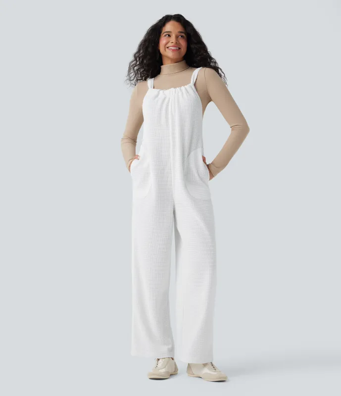 Halara Jumpsuit casual de chenilla con lazo en la espalda y bolsillos - White - M(regular) made by Halara