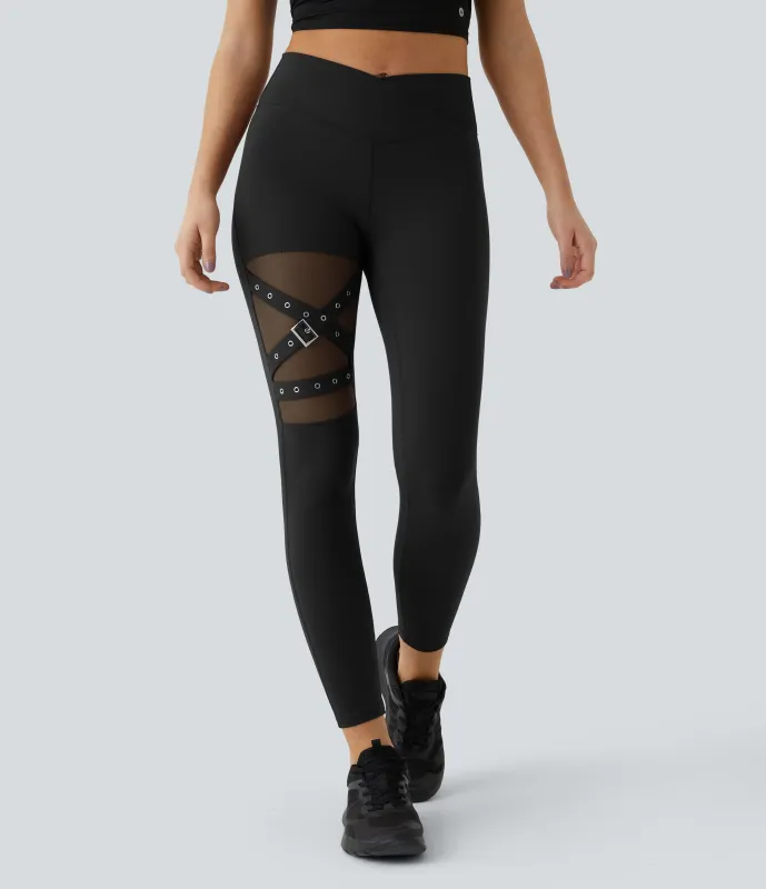 Halara Leggings yoga hebilla decorativa malla contrastante cruzada tiro alto - Black - M(full_length) made by Halara