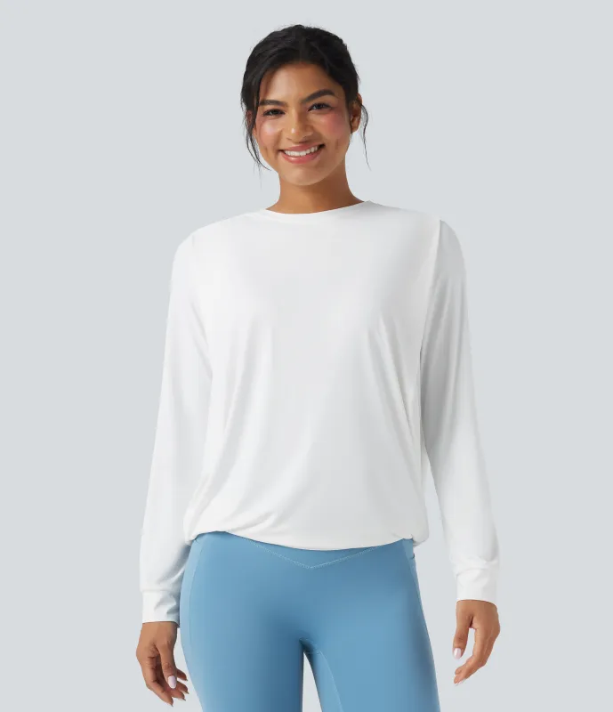 Halara Top deportivo de yoga fruncido de manga larga con cuello redondo - UPF50+ - White - XS made by Halara