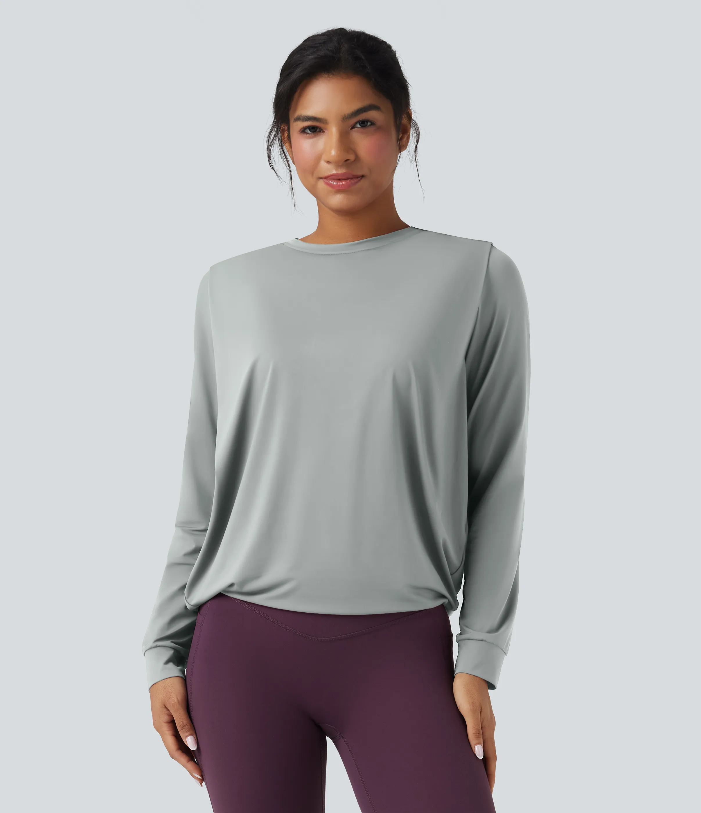 Halara Top deportivo de yoga fruncido de manga larga con cuello redondo - UPF50+ - Mirage Gray - L sold by Halara
