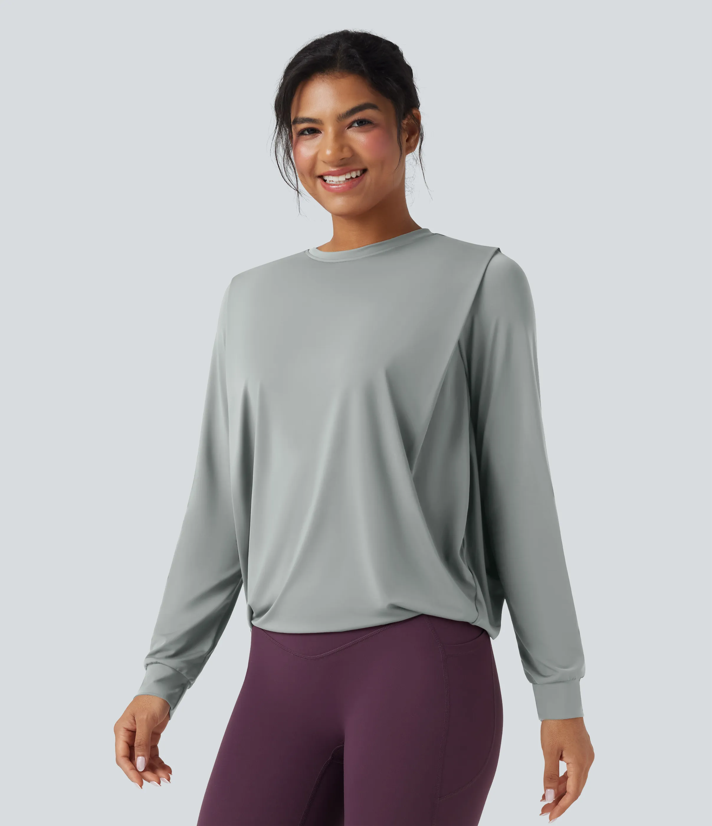 Halara Top deportivo de yoga fruncido de manga larga con cuello redondo - UPF50+ - Mirage Gray - L sold by Halara product image thumbnail 4