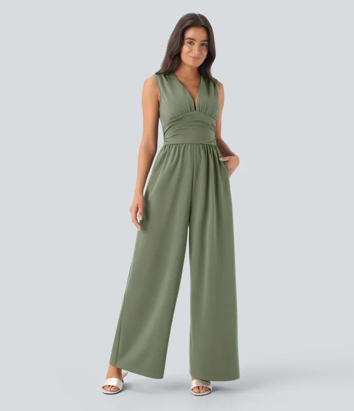 Halara Mono fiesta cuello V sin mangas fruncido lateral cremallera invisible - Easy Peezy - Oil Green - XL(petite) made by Halara