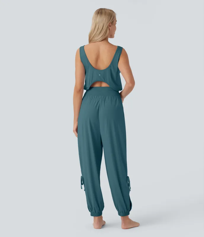 Halara Jumpsuit de yoga sin mangas con espalda descubierta, cordón ajustable y bolsillos laterales de tacto fresco - UPF50+ - Hydro - S(regular) made by Halara