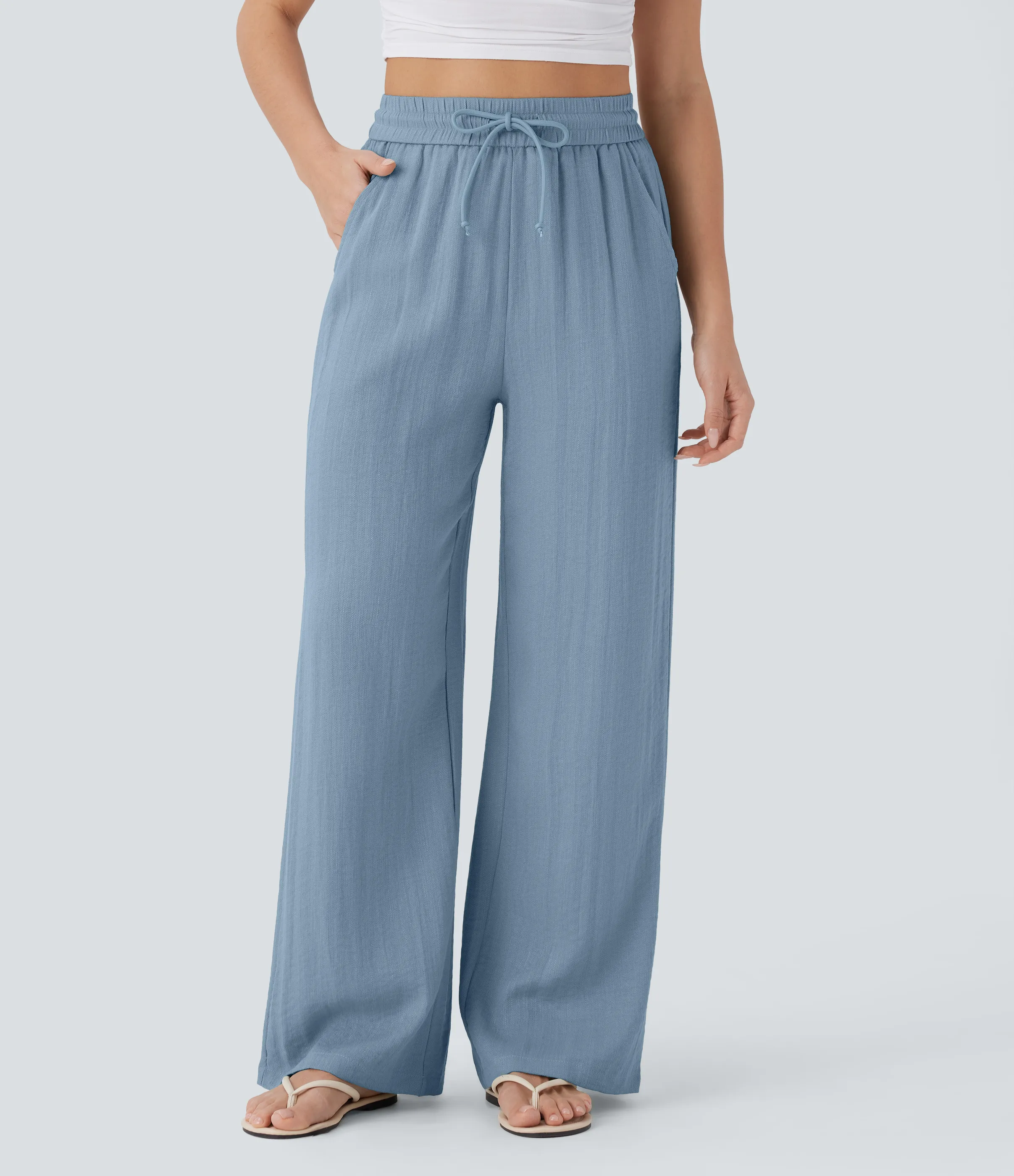 Halara Pantalón lino tiro alto cordón ajustable bolsillo lateral pierna ancha - Mountain Spring - M(extall) sold by Halara product image thumbnail 2