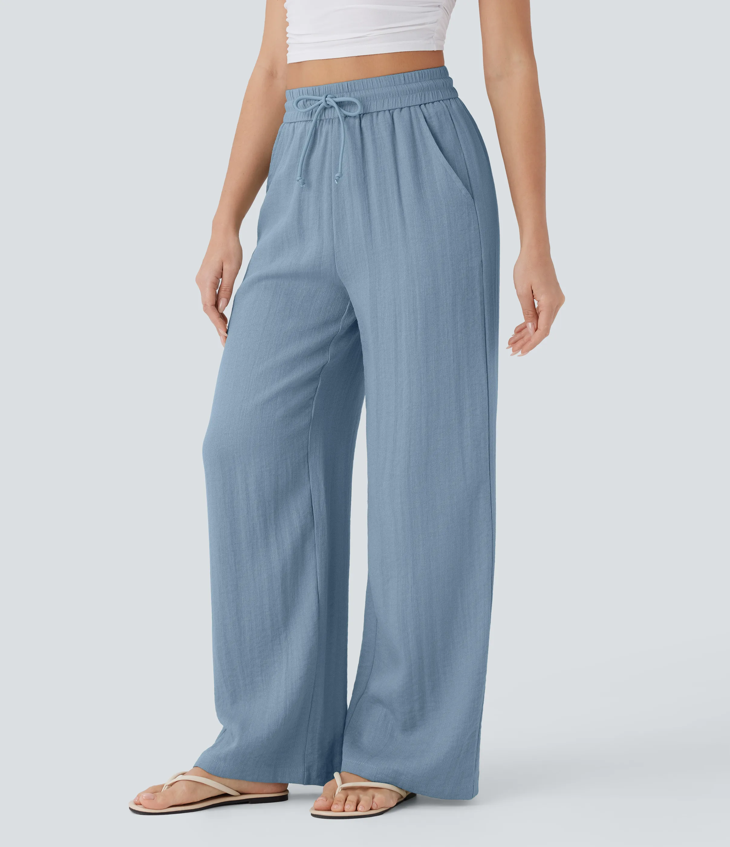Halara Pantalón lino tiro alto cordón ajustable bolsillo lateral pierna ancha - Mountain Spring - M(extall) sold by Halara product image thumbnail 4