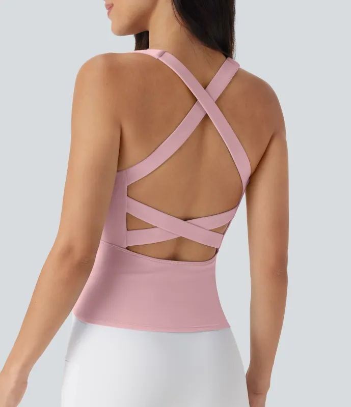 Halara Camiseta sin mangas para running Softlyzero™ fresca con cuello cuadrado, espalda descubierta entrecruzada y fresca al tacto con largo extra - UPF50+ - Primrose Pink - XL made by Halara
