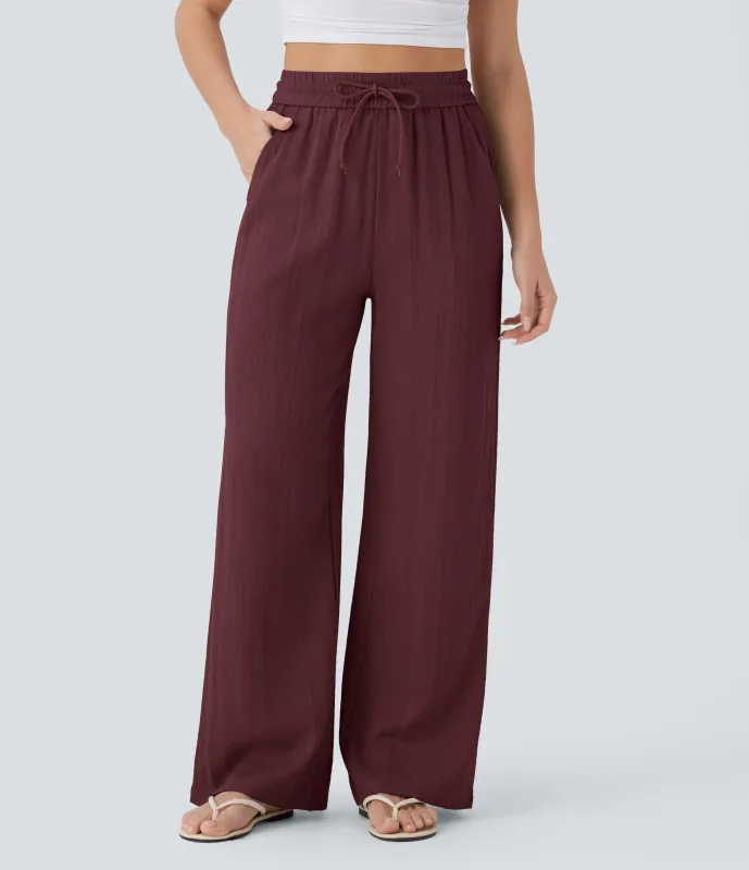 Halara Pantalón lino tiro alto cordón ajustable bolsillo lateral pierna ancha - Zinfandel - M(extall) made by Halara