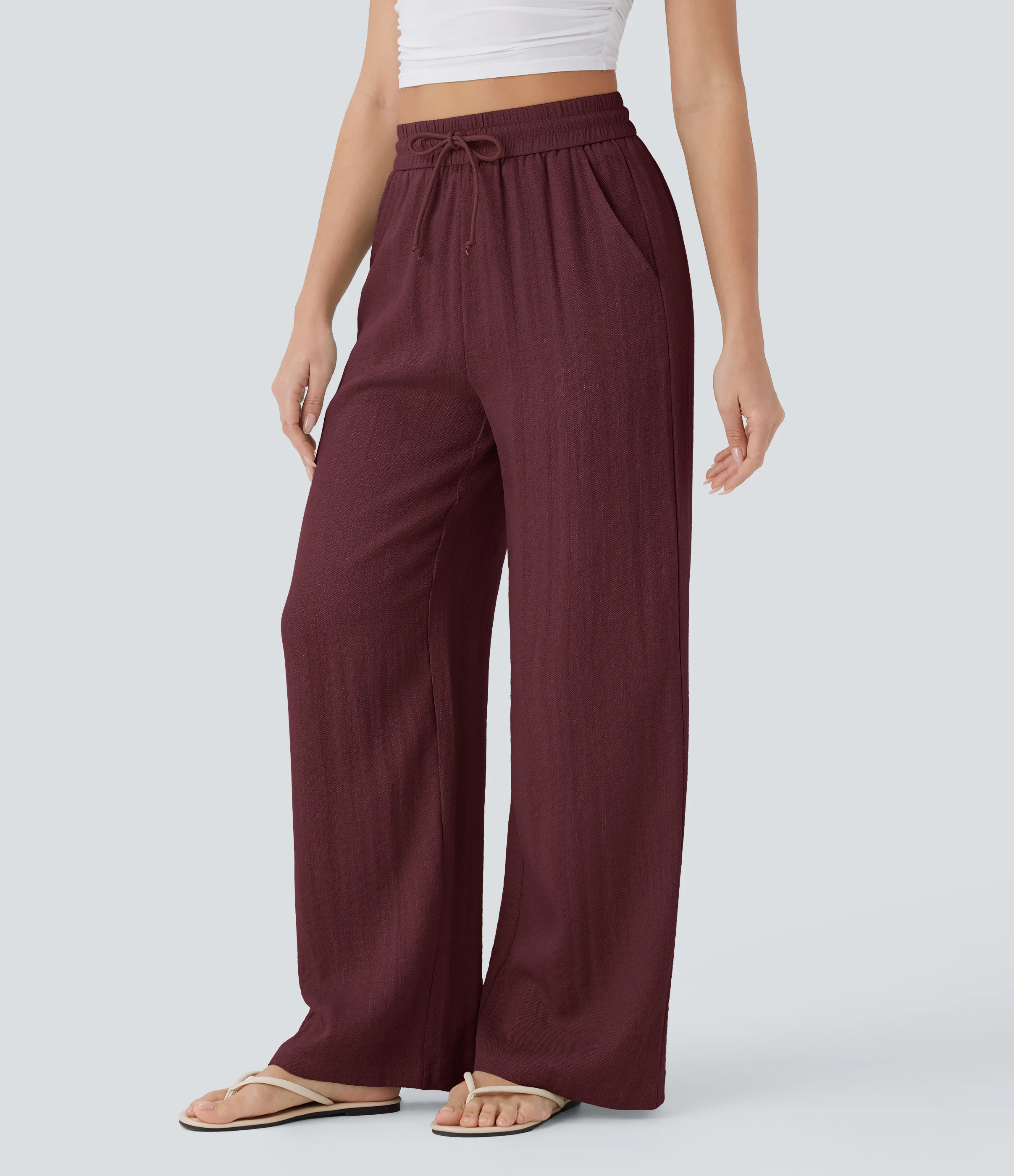 Halara Pantalón lino tiro alto cordón ajustable bolsillo lateral pierna ancha - Zinfandel - M(extall) sold by Halara product image thumbnail 4