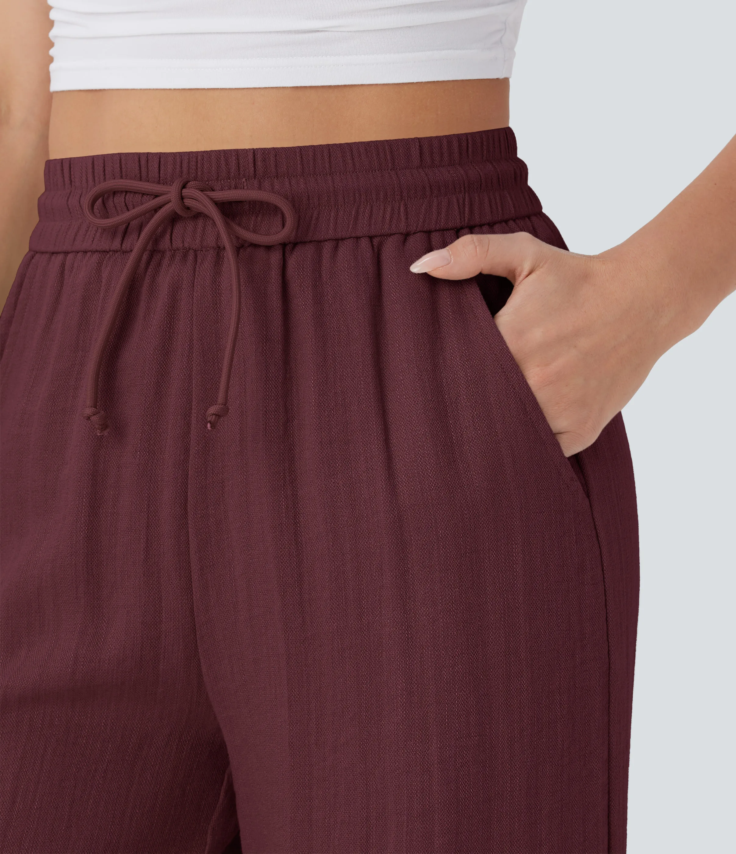 Halara Pantalón lino tiro alto cordón ajustable bolsillo lateral pierna ancha - Zinfandel - M(extall) sold by Halara product image thumbnail 5