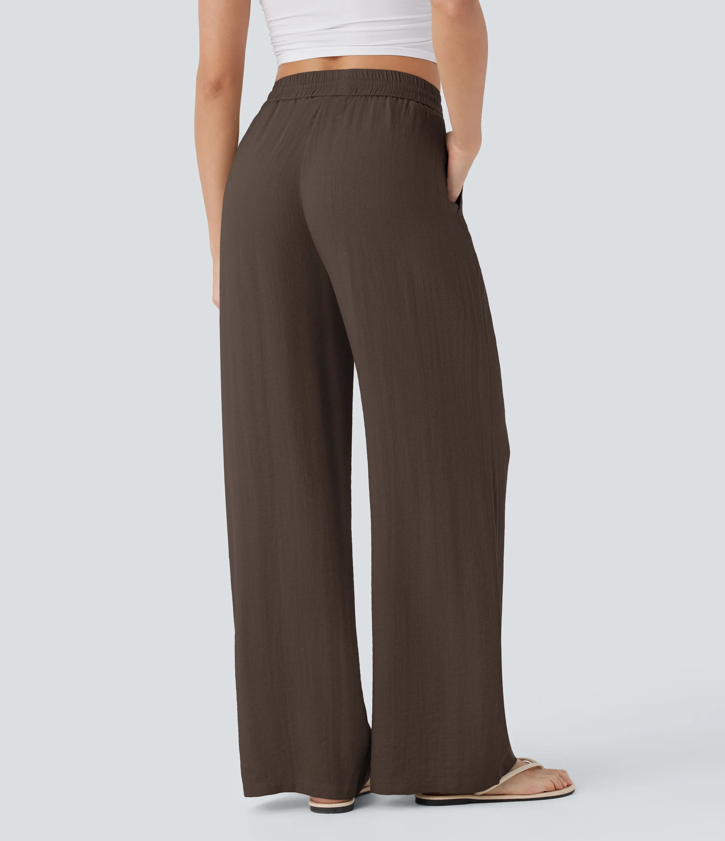 Halara Pantalón lino tiro alto cordón ajustable bolsillo lateral pierna ancha - Chocolate Martini - S(petite) sold by Halara product image thumbnail 3