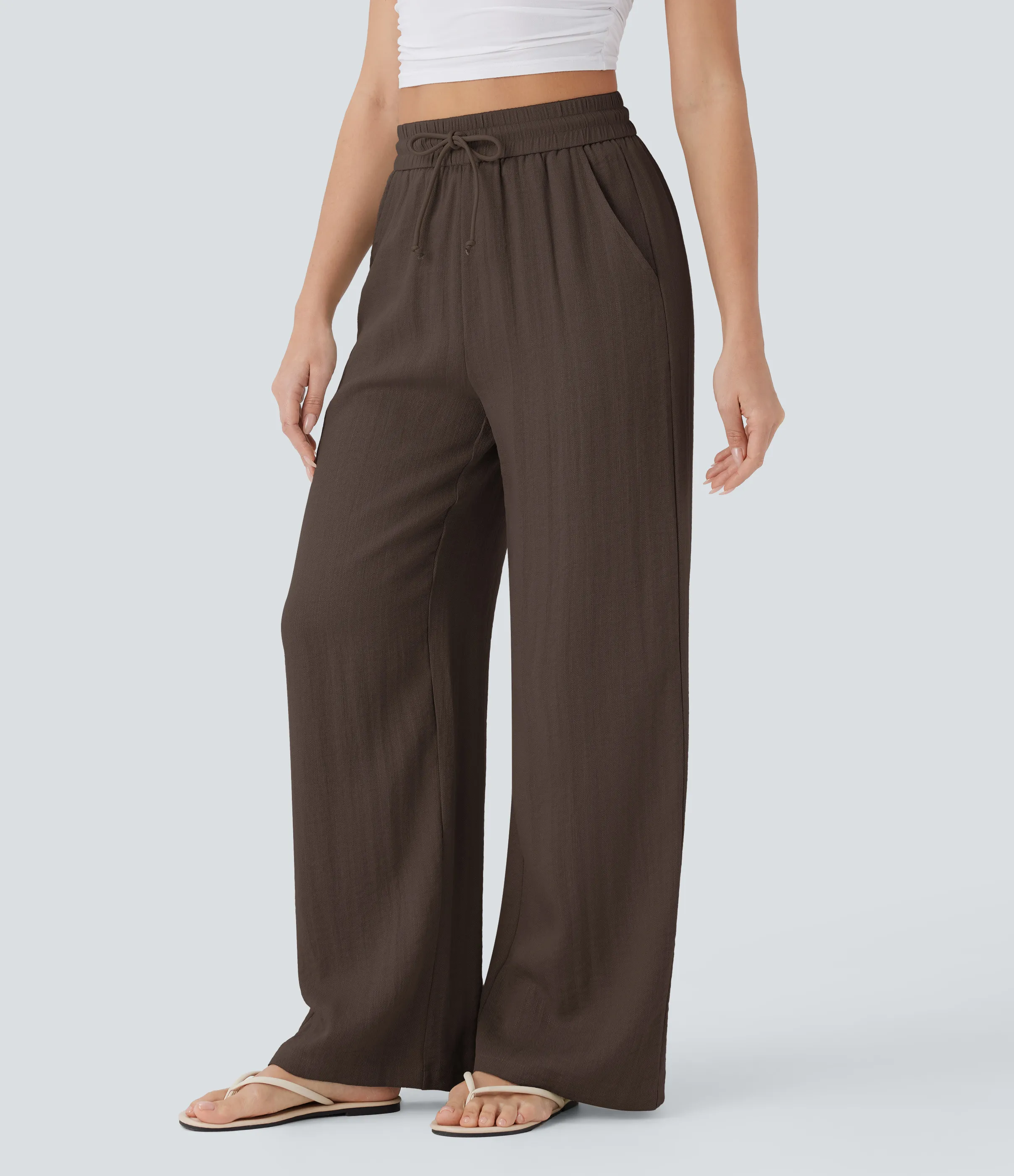 Halara Pantalón lino tiro alto cordón ajustable bolsillo lateral pierna ancha - Chocolate Martini - S(petite) sold by Halara product image thumbnail 4
