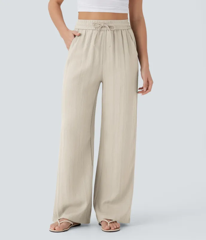 Halara Pantalón lino tiro alto cordón ajustable bolsillo lateral pierna ancha - Whisper White - XS(extall) made by Halara