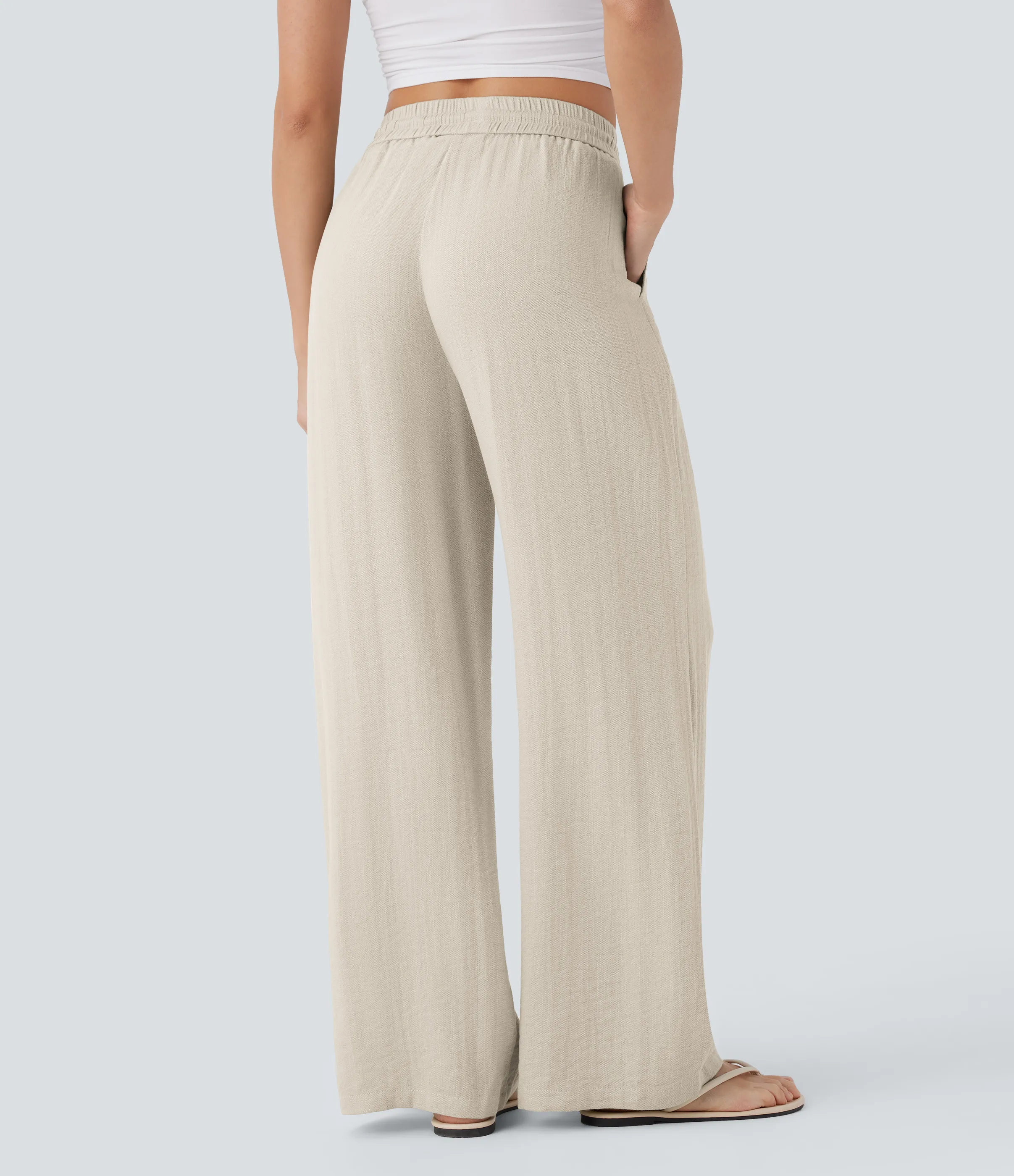 Halara Pantalón lino tiro alto cordón ajustable bolsillo lateral pierna ancha - Whisper White - XS(extall) sold by Halara product image thumbnail 3