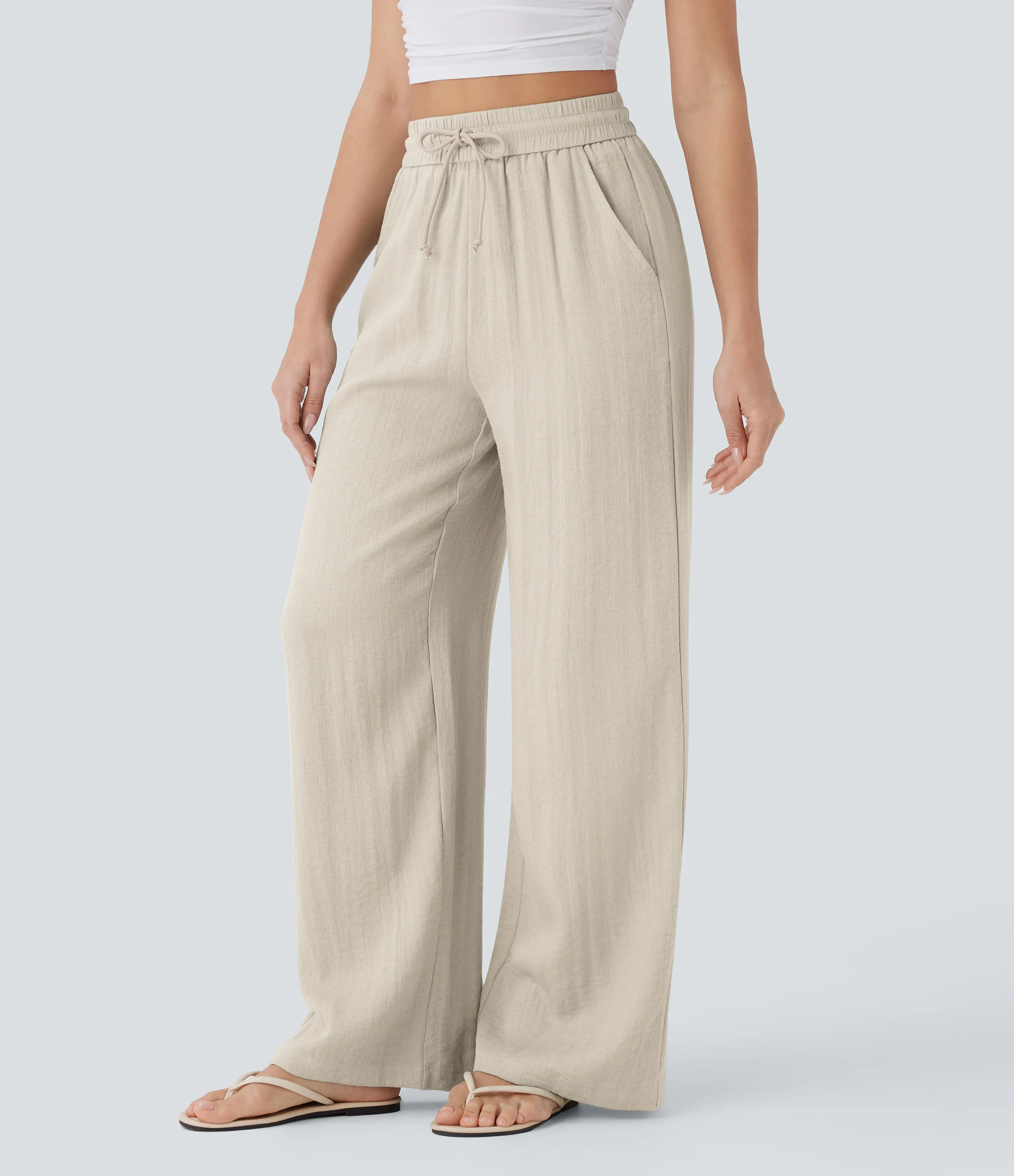 Halara Pantalón lino tiro alto cordón ajustable bolsillo lateral pierna ancha - Whisper White - XS(extall) sold by Halara product image thumbnail 4