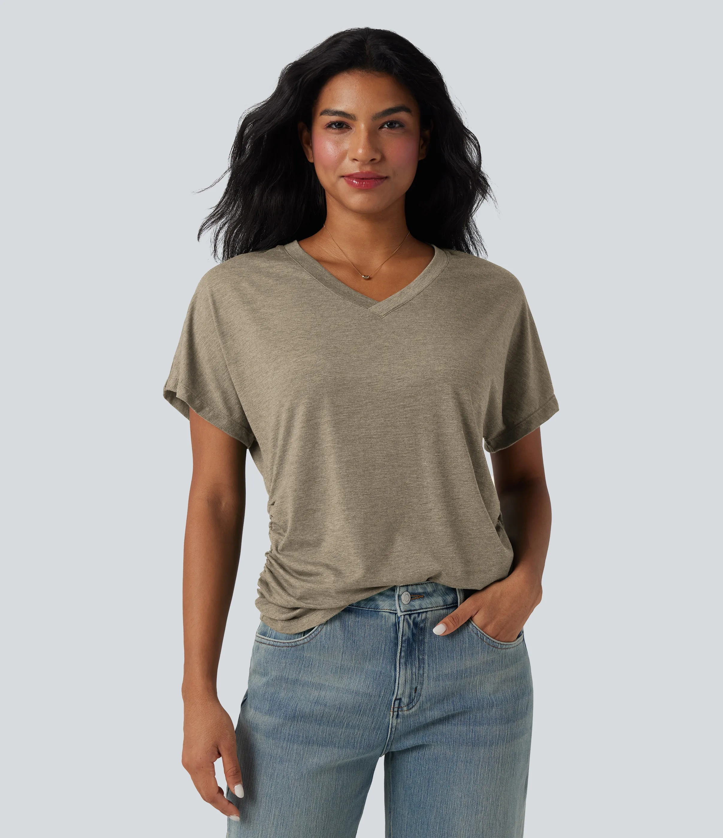 Halara Top casual holgado de manga corta con cuello en V y fruncido - Khaki Floral Yarn - L sold by Halara