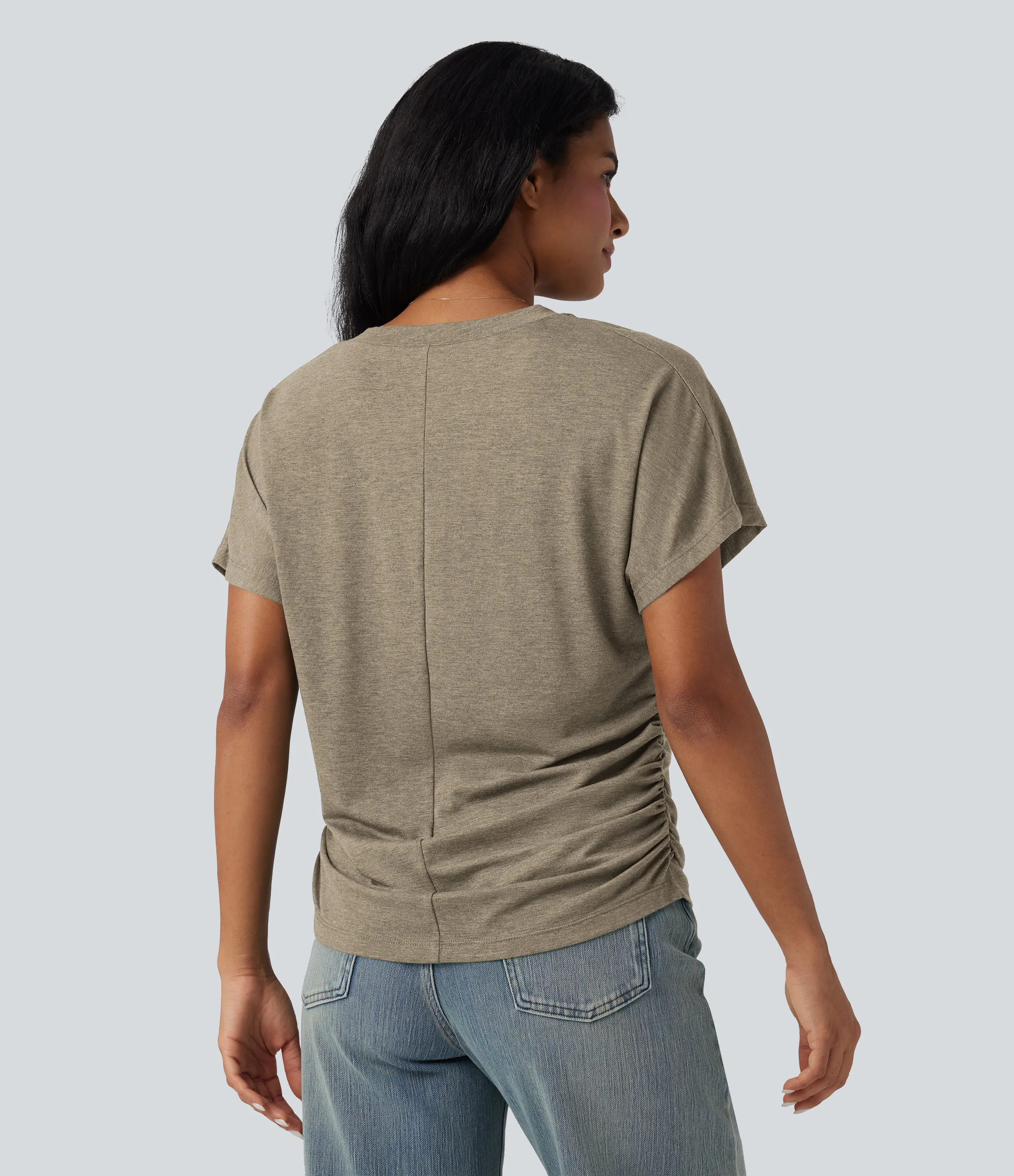Halara Top casual holgado de manga corta con cuello en V y fruncido - Khaki Floral Yarn - L sold by Halara product image thumbnail 3