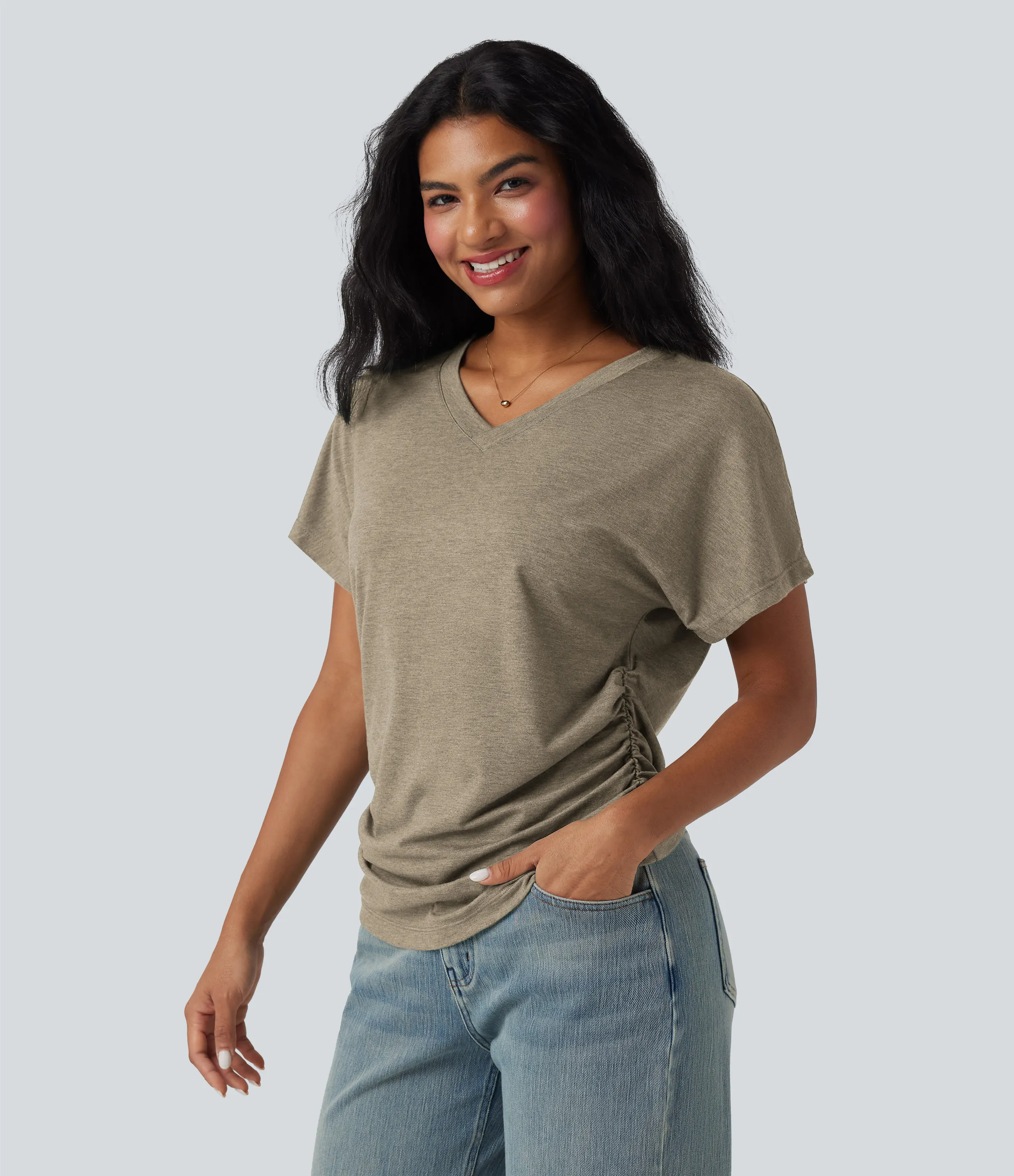Halara Top casual holgado de manga corta con cuello en V y fruncido - Khaki Floral Yarn - L sold by Halara product image thumbnail 4