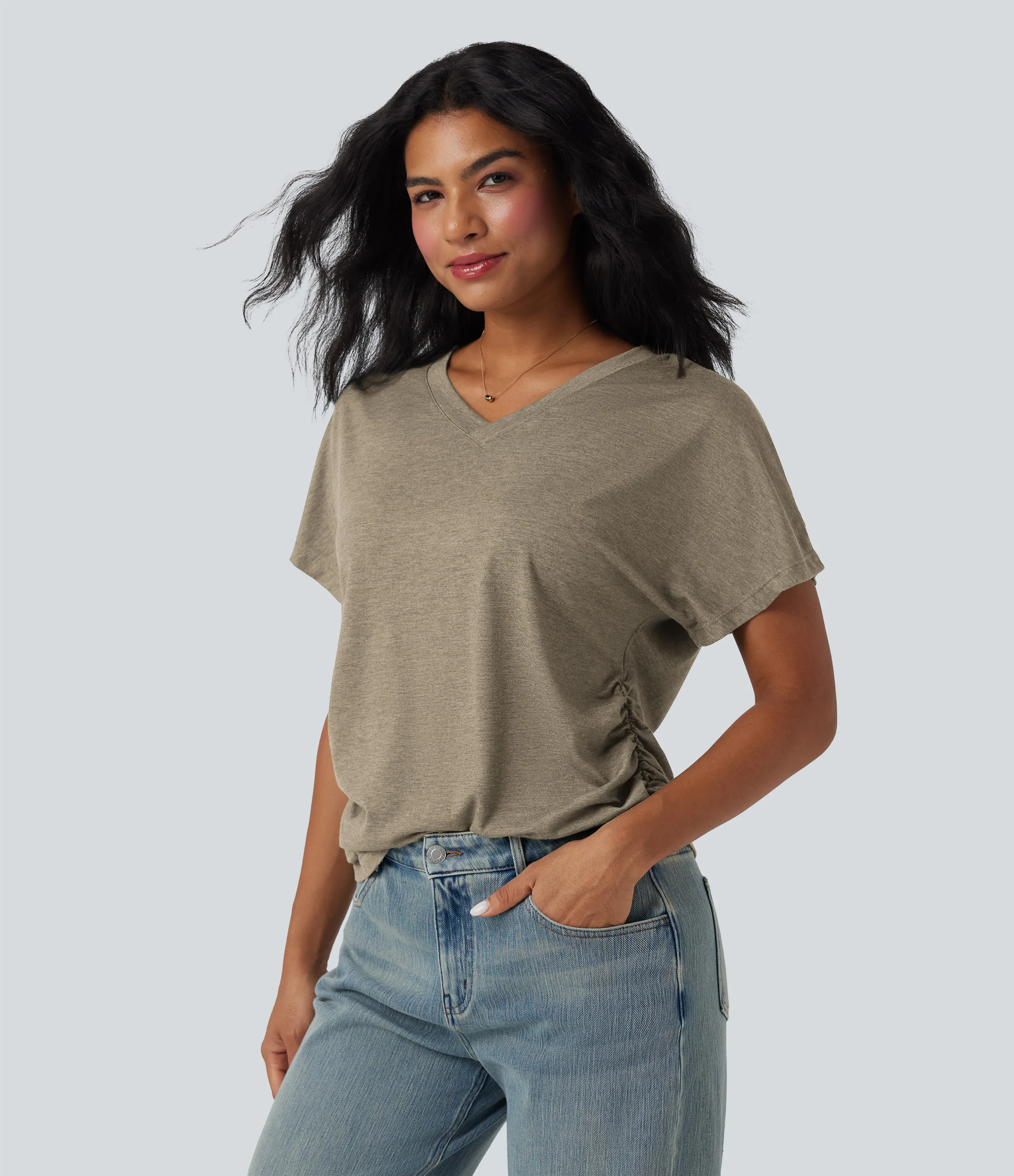 Halara Top casual holgado de manga corta con cuello en V y fruncido - Khaki Floral Yarn - L sold by Halara product image thumbnail 5