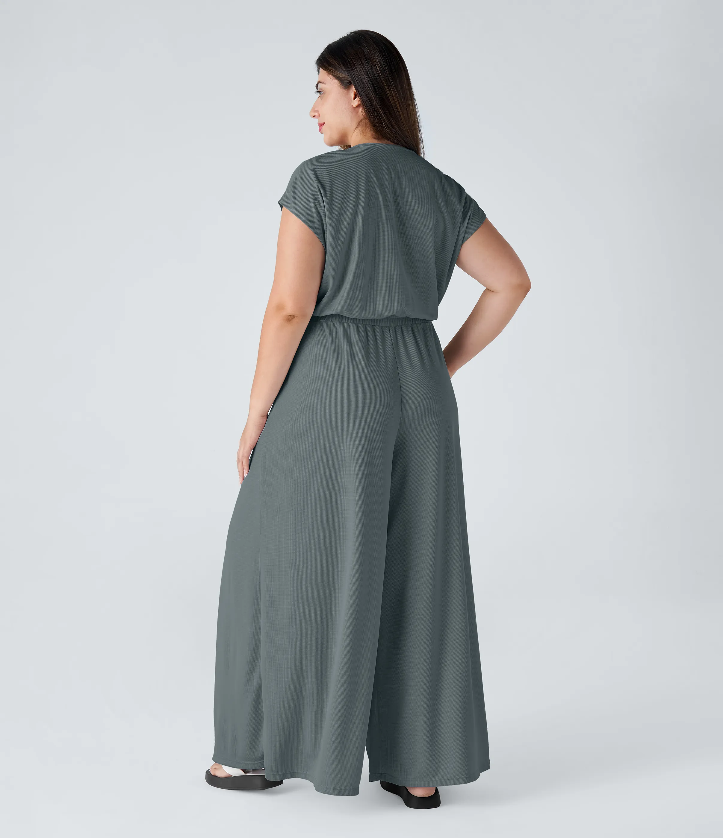 Halara Mono talla grande cuello V manga corta bolsillo lateral plisado pierna ancha gofre fluido - Hurricane Grey - 1X sold by Halara product image thumbnail 3
