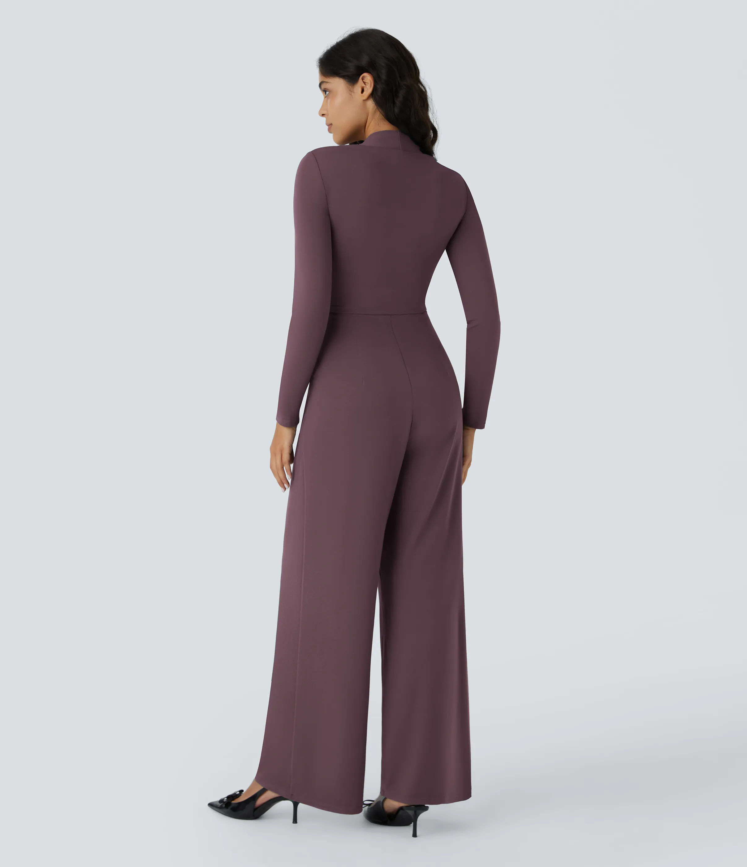 Halara Mono dama honor invitada boda manga larga bolsillo lateral cremallera invisible pierna ancha - Easy Peezy - Plum Wine - M(petite) sold by Halara product image thumbnail 3