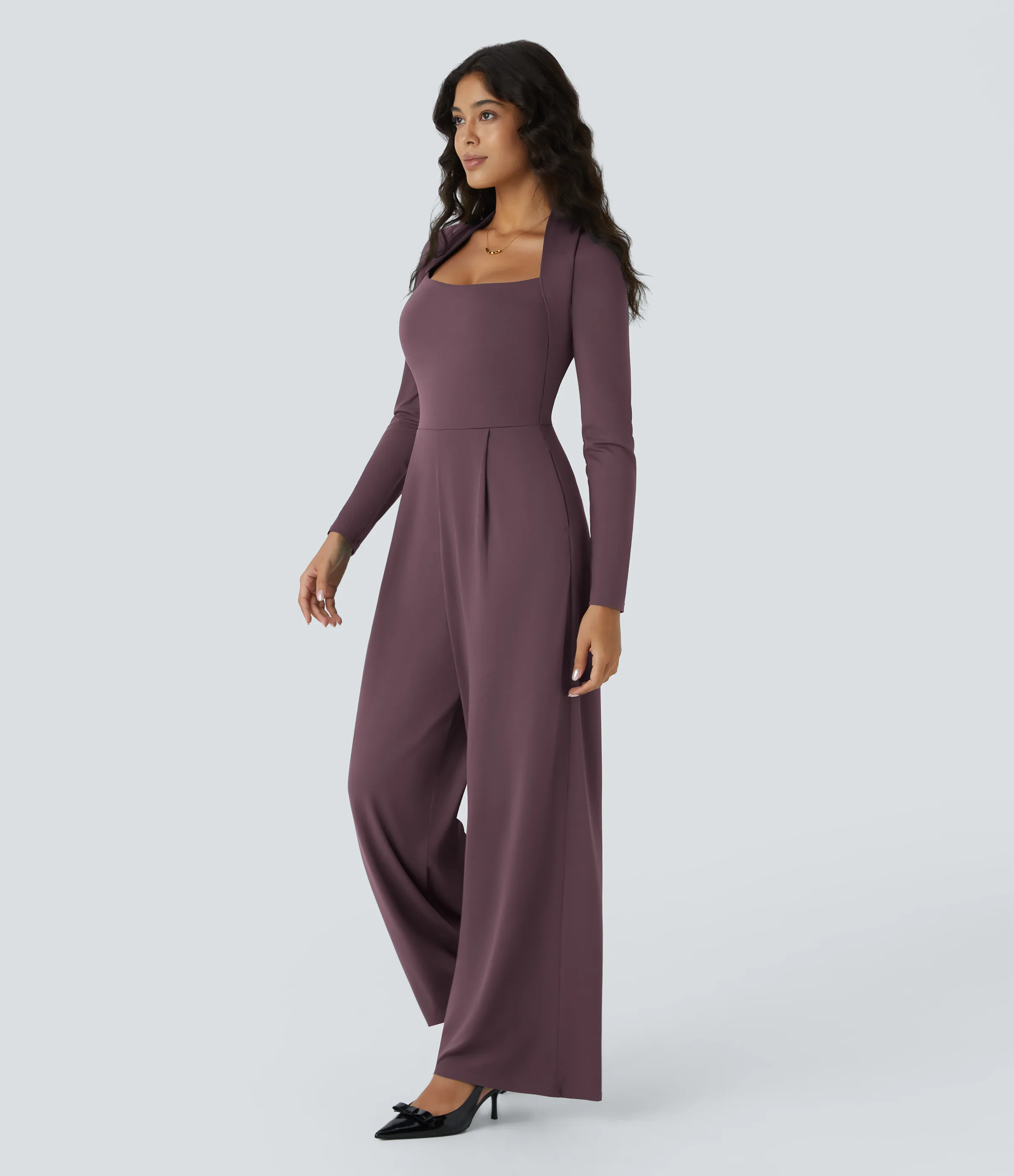 Halara Mono dama honor invitada boda manga larga bolsillo lateral cremallera invisible pierna ancha - Easy Peezy - Plum Wine - M(petite) sold by Halara product image thumbnail 4