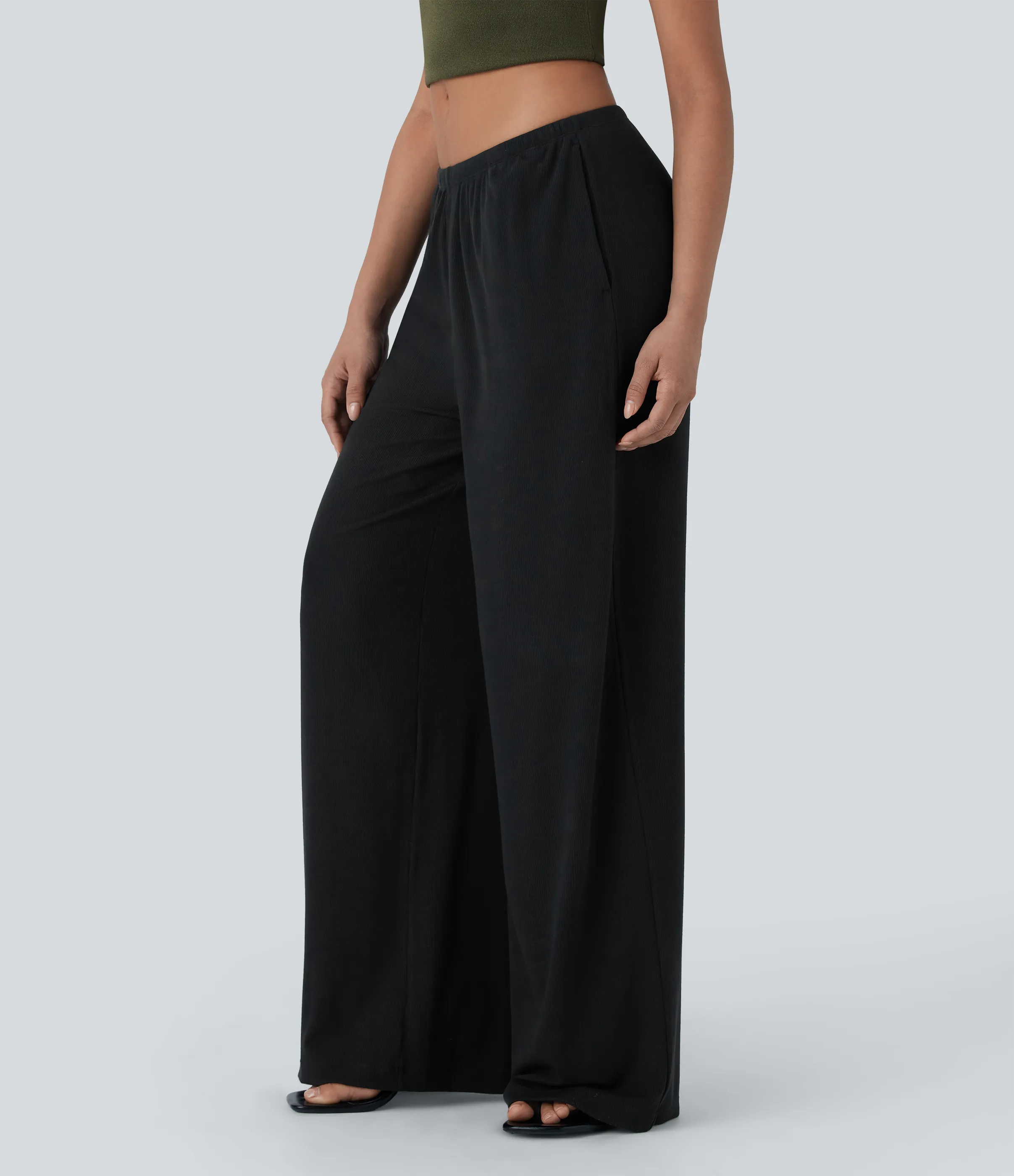 Halara Pantalones casuales anchos y holgados de tiro bajo elásticos, acanalados y agradables al tacto con cordón y bolsillos laterales - Black - S(regular) sold by Halara product image thumbnail 4