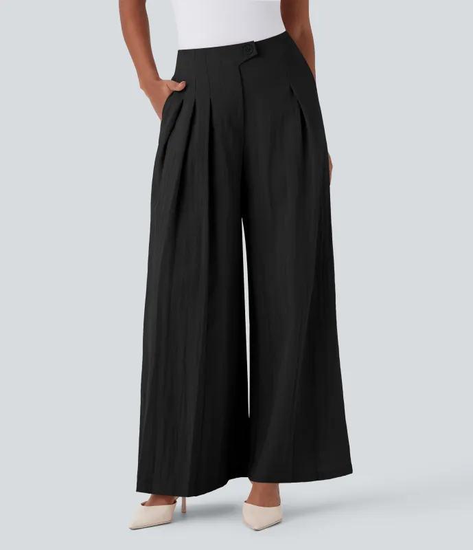 Halara Pantalones de oficina de tiro alto con tacto de lino y pierna ancha con bolsillos - Black - XS(regular) made by Halara