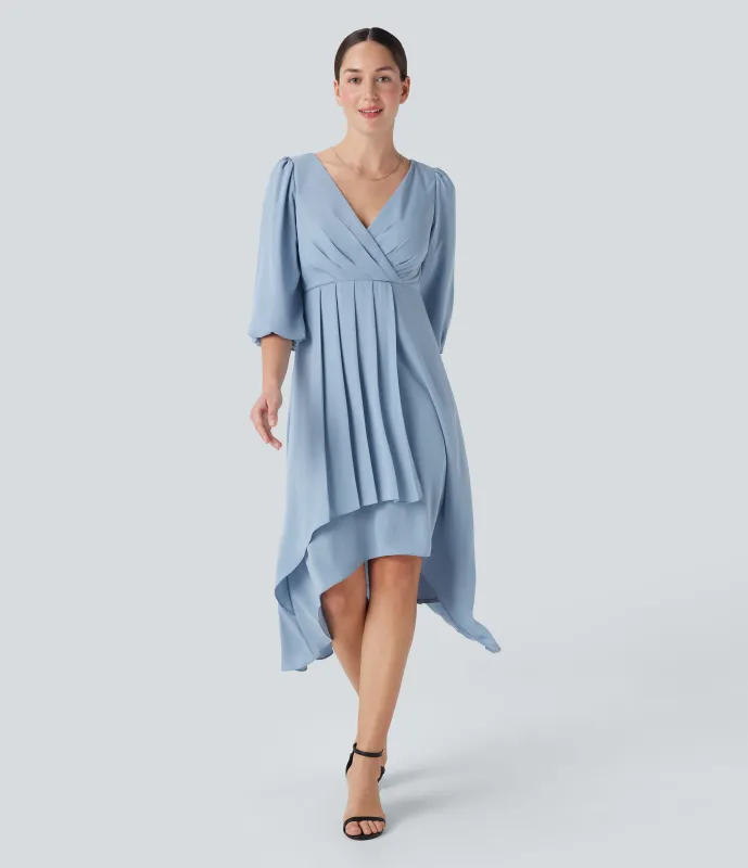 Halara Vestido casual midi plisado con cuello en V y mangas 3/4 - Skyride - L made by Halara