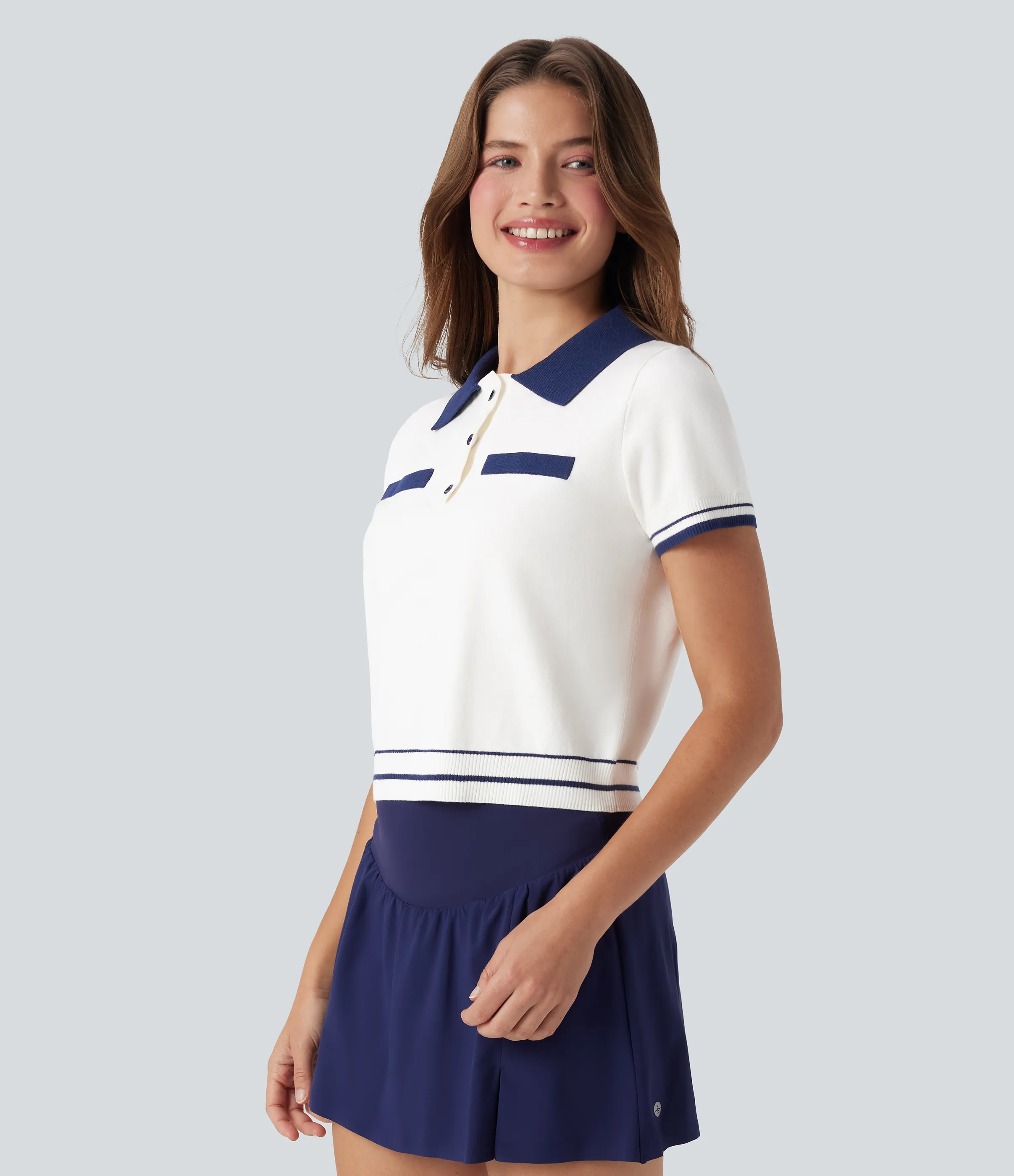 Halara Suéter casual de punto de manga corta con botones delanteros tipo polo - White - XS sold by Halara product image thumbnail 4