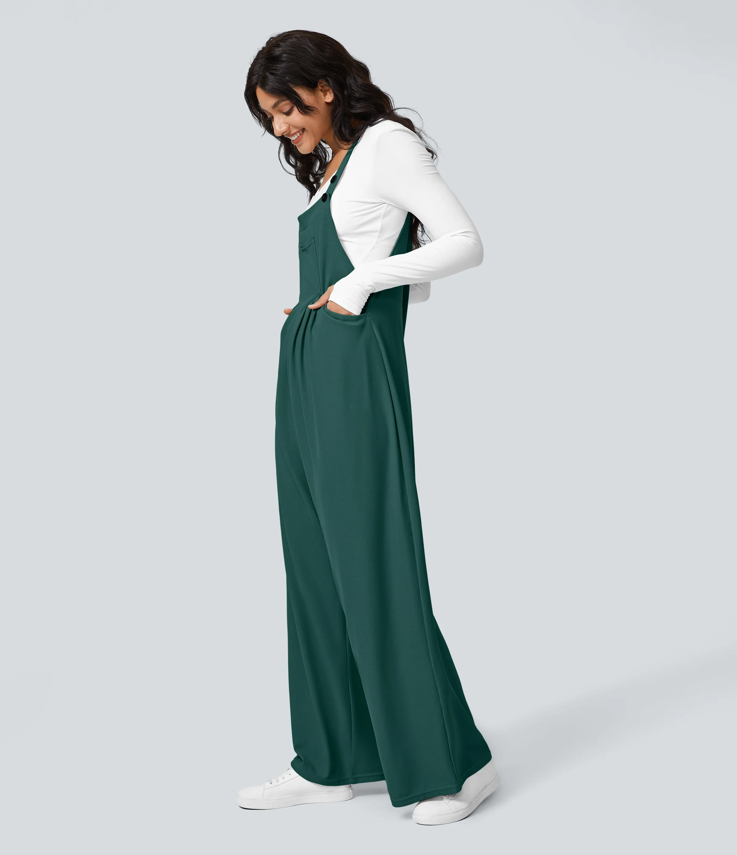 Halara Overol botón correa ajustable bolsillo múltiple gofre plisado - Forest Biome - M(tall) sold by Halara product image thumbnail 5
